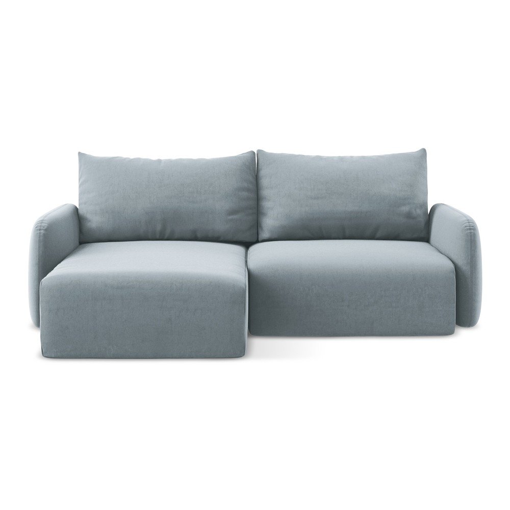 Kék bársony kinyitható-tárolóhelyes sarokkanapé (bal oldali-heverő résszel) Kalena – Makamii