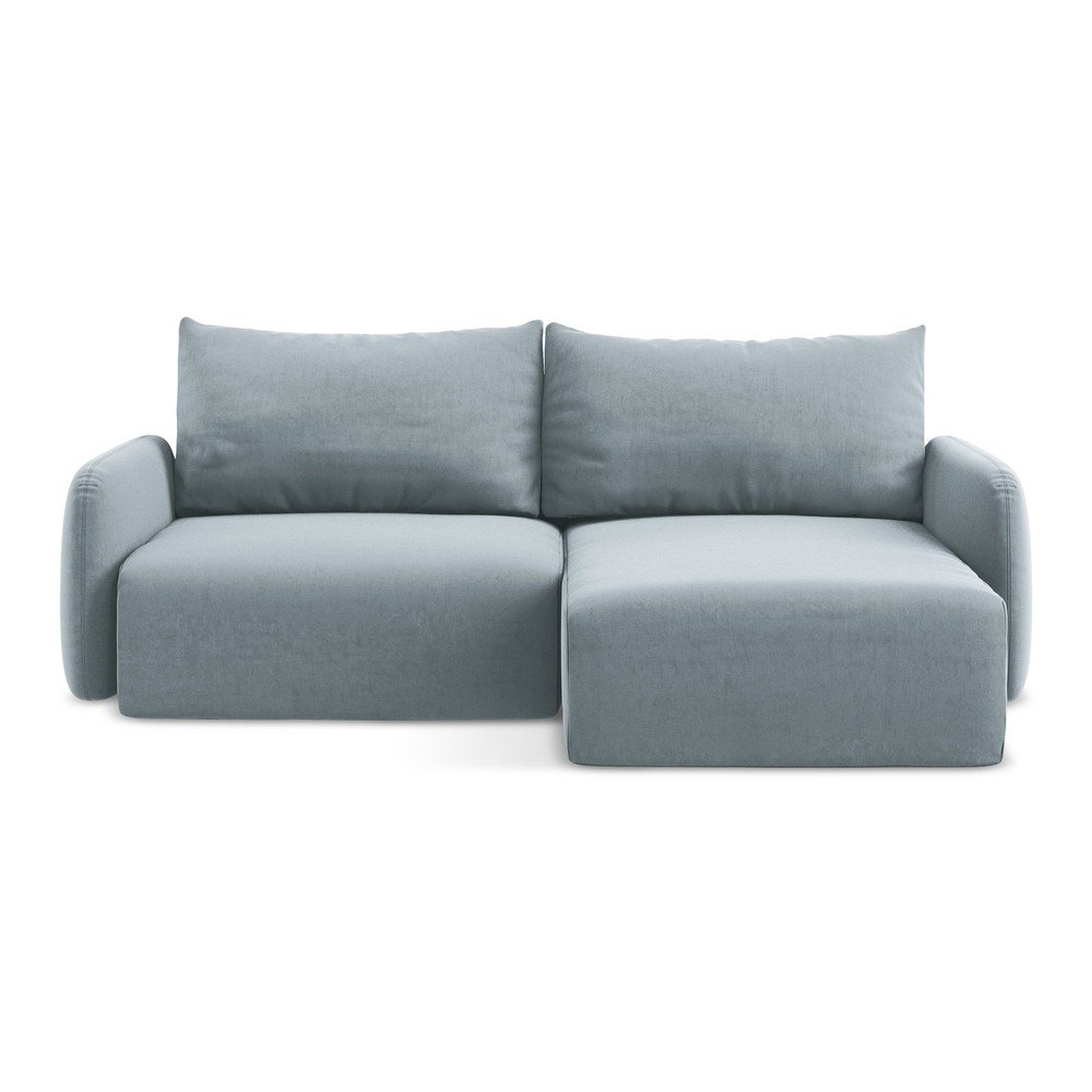 Kék bársony kinyitható-tárolóhelyes sarokkanapé (jobb oldali-heverő résszel) Kalena – Makamii