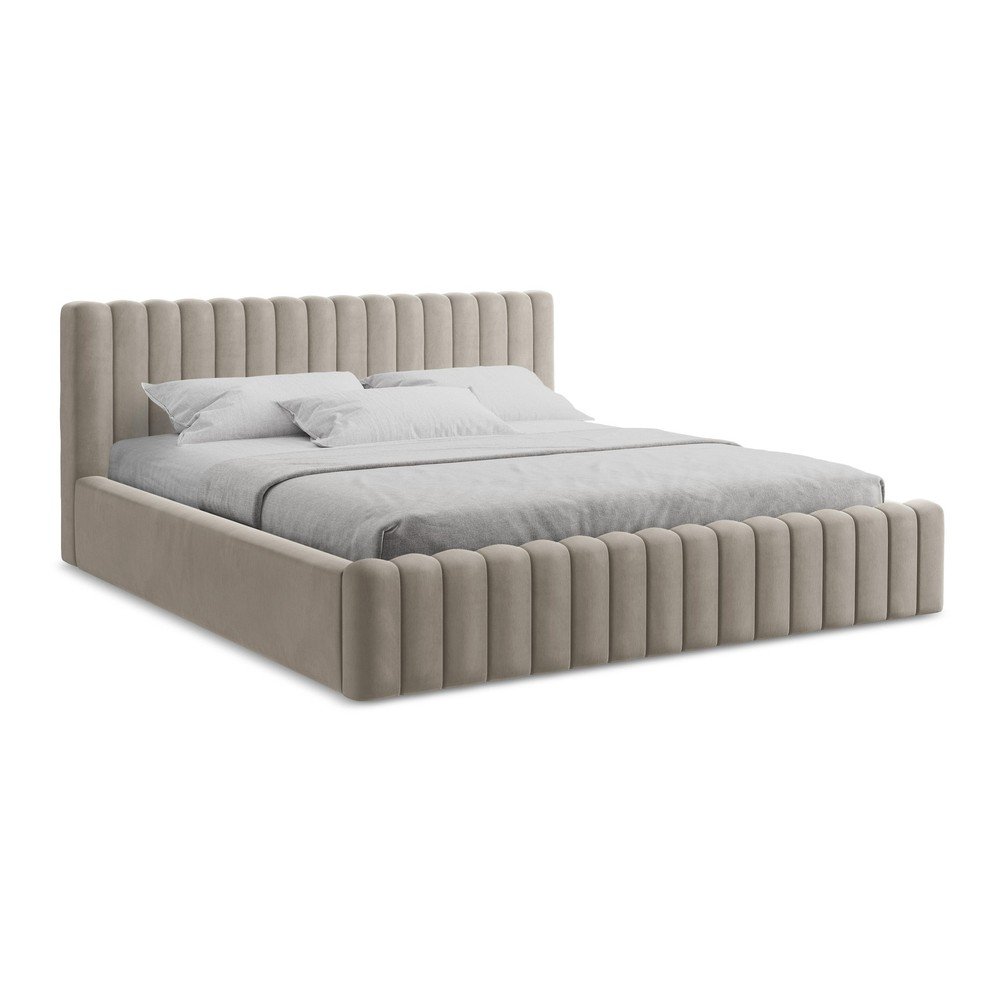 Szürkésbarna kárpitozott ágyneműtartós franciaágy ágyráccsal 160x200 cm Lemi – Makamii